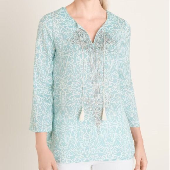 Chico's Embellished Mirrored Scroll-Print Blouse in Size 1 - Picture 1 of 10